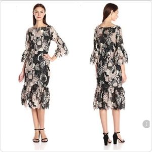 Elegant Black and Cream Floral Midi Dress
